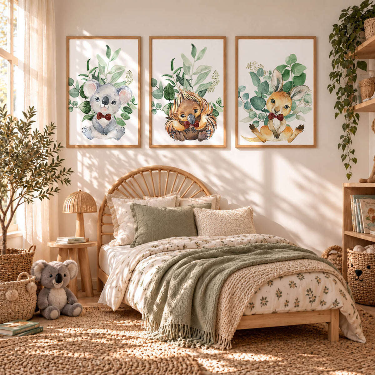 Watercolour Australian animal wall art set displayed in oak frames above a boho child's bed
