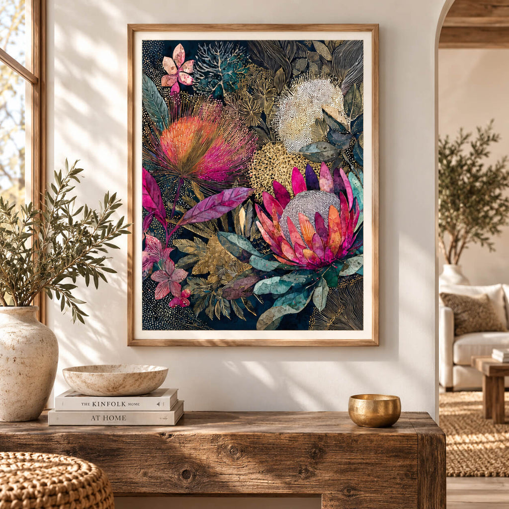 Australian Botanical: Australian botanical wall art featuring colourful native flowers in a natural timber frame