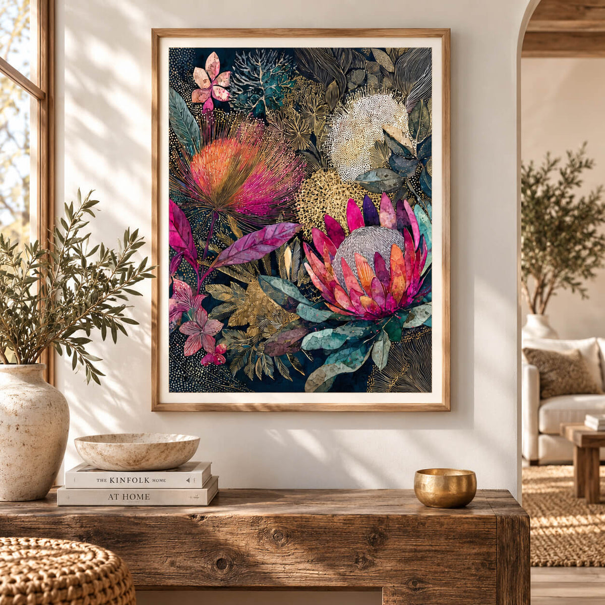 Colourful Australian botanical print with pink protea inspired flowers and native foliage