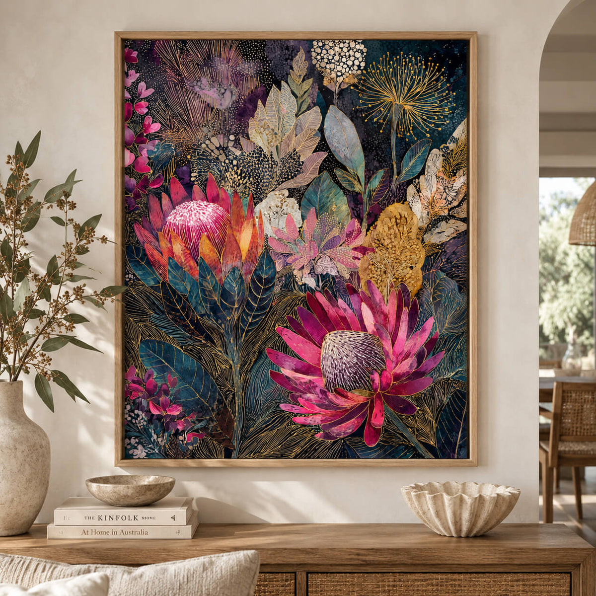 Australian native botanical wall art featuring colourful waratah, banksia and native flowers on a dark background.
