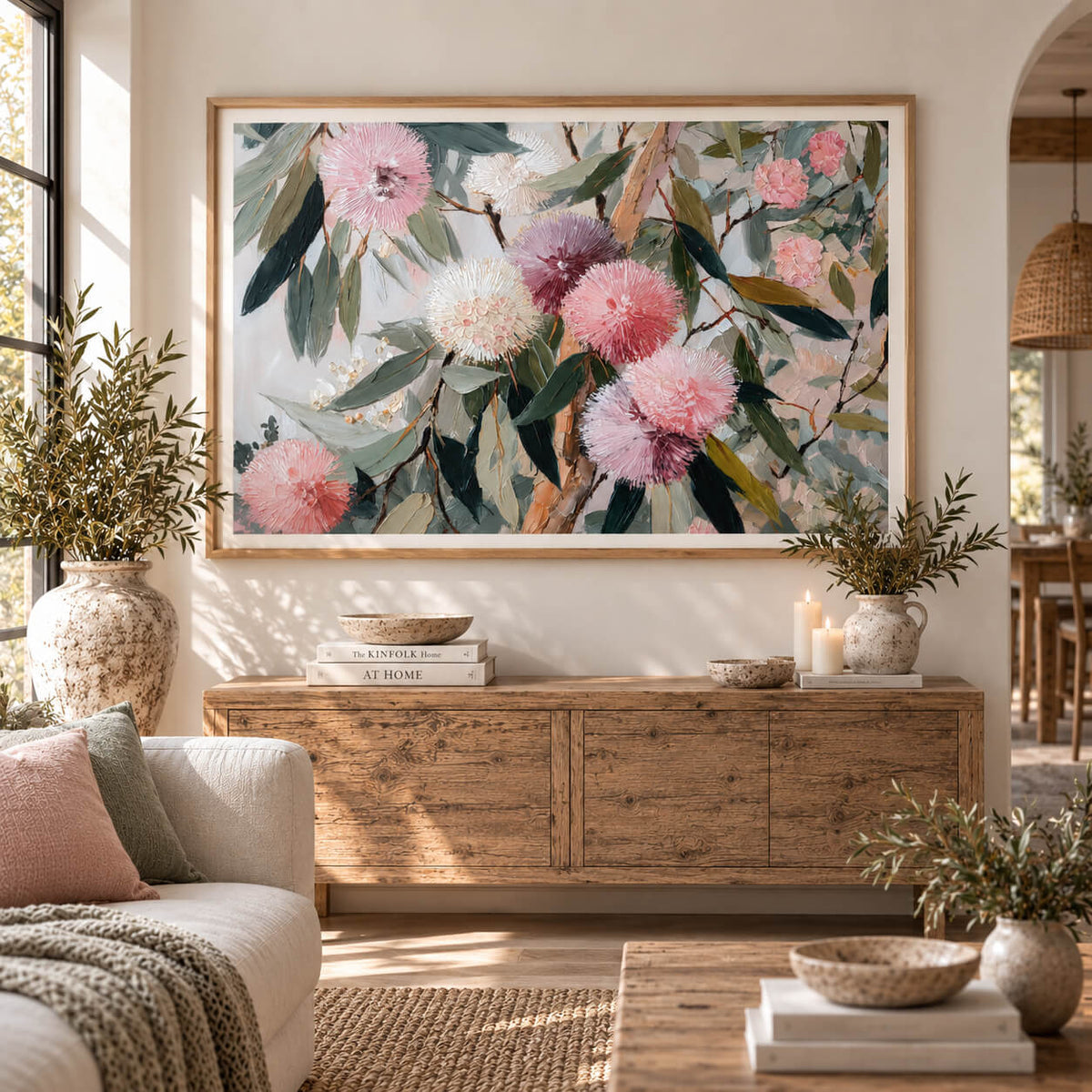 Australian botanical wall art featuring pink and cream eucalyptus flowers with layered green gum leaves