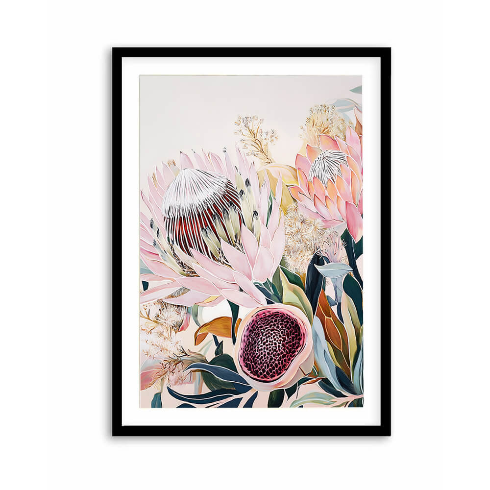 Soft Pink Protea Botanical Print with Native Australian Flowers