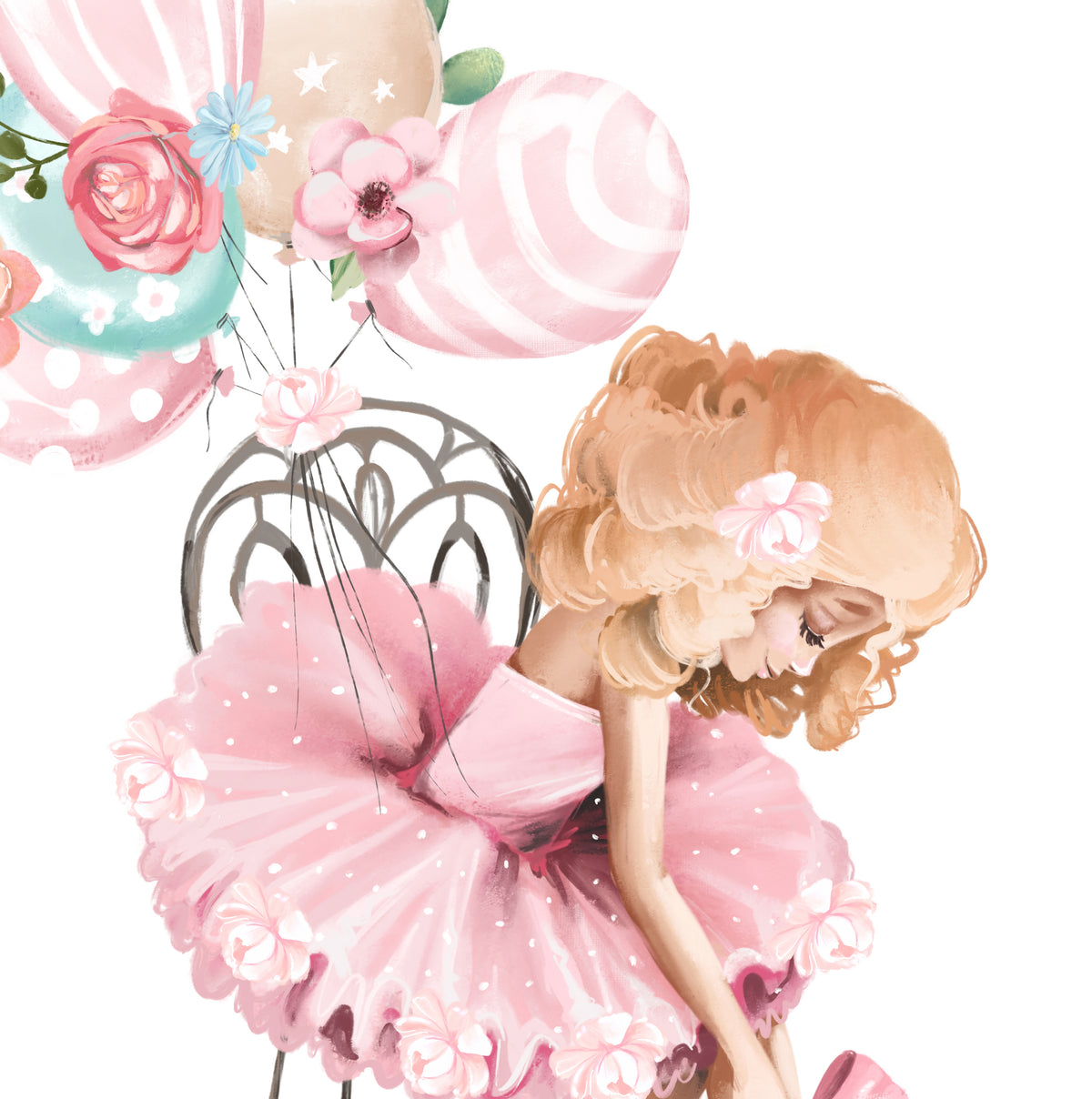 ballerina girl with balloons wearing pink tutu dress and tyng her ballet shoes