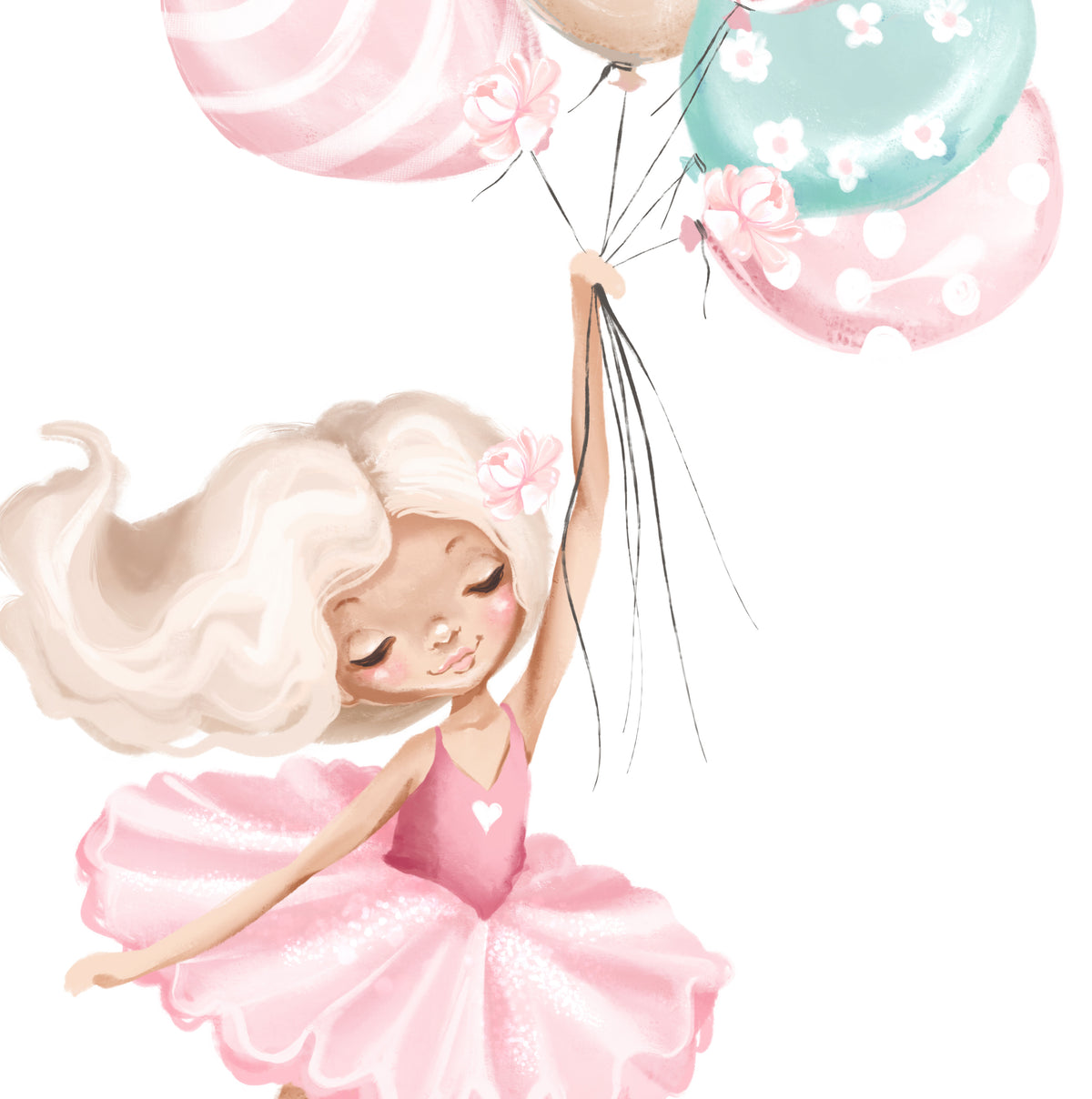 ballerina blond hair holding balloons dressed in pink dancing