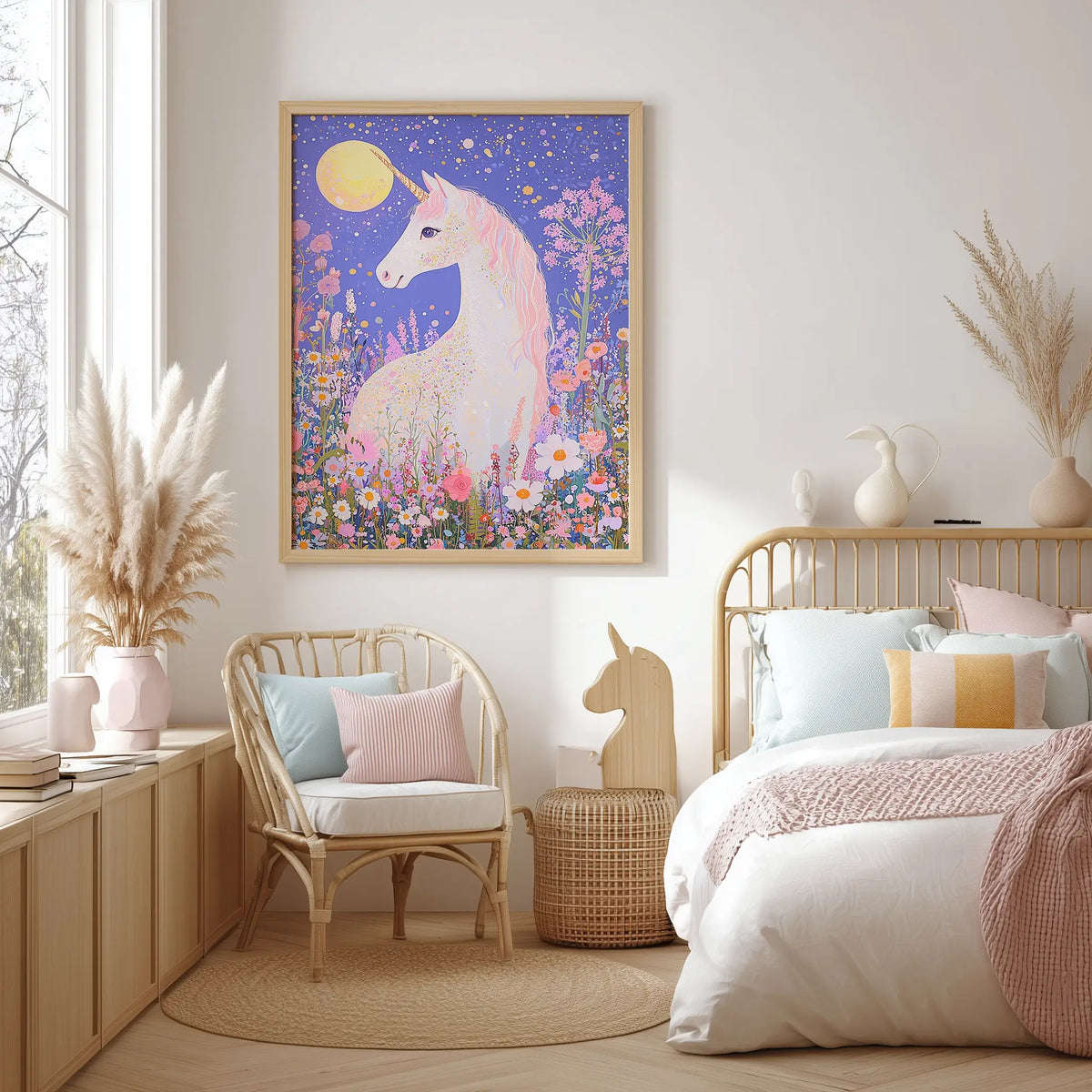 Bloomcore-inspired unicorn print with soft flowers