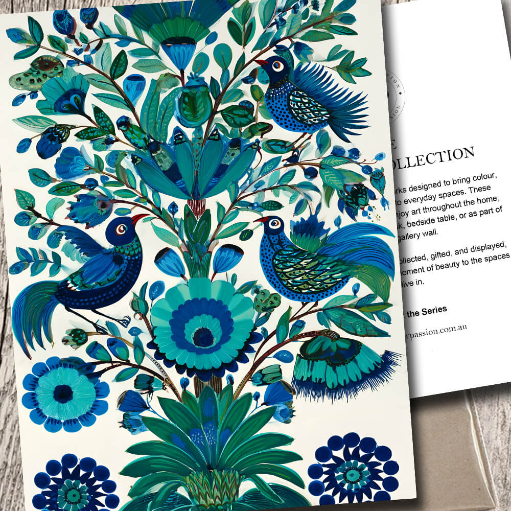 Folk Art Bird Print Blue | Boho Botanical Wall Art Australia