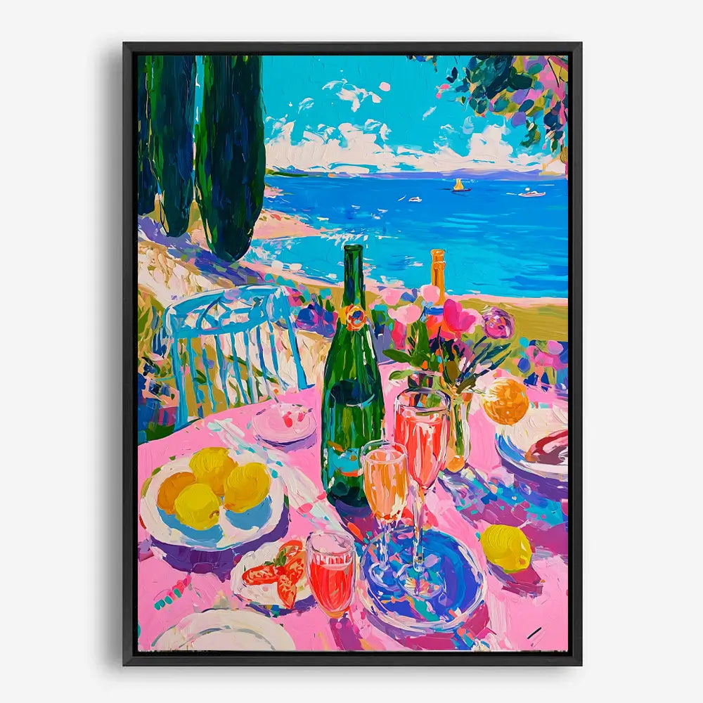 Matisse-style wall art print. Featuring a coastal champagne breakfast, a bright coastal day, and a breathtaking view of sailboats on the sea
