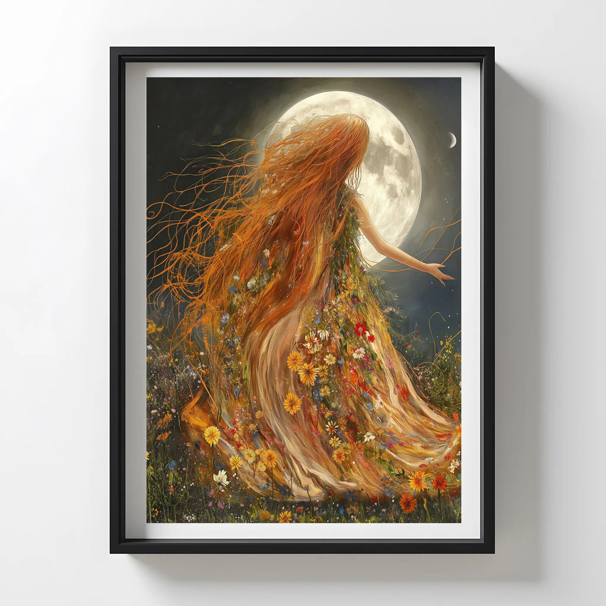 Divine feminine figure under full moon