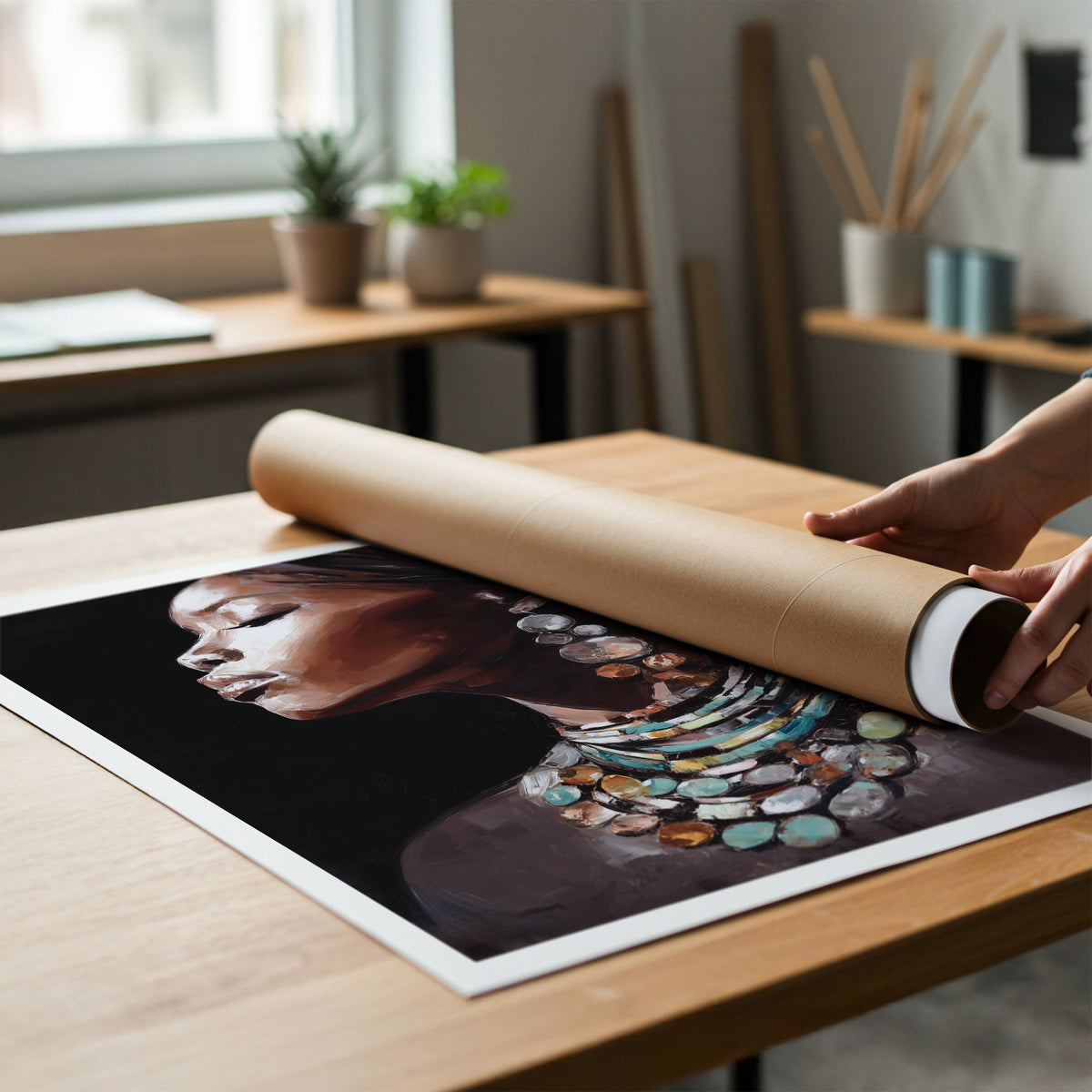 Afrocentric art print of a black woman celebrating strength and beauty