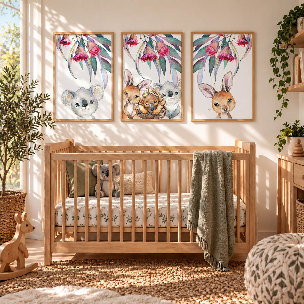 Australian animal nursery print set displayed in natural timber frames in a girls bedroom