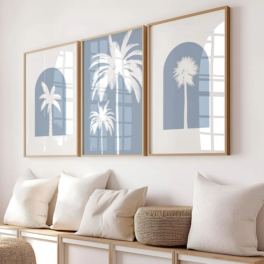 Blue coastal palm wall art set of three with soft blue tones