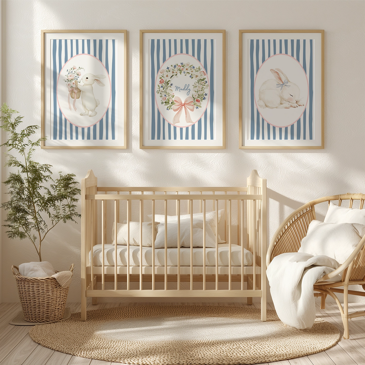 Personalised bunny nursery wall art set of 3 prints with custom name for baby room