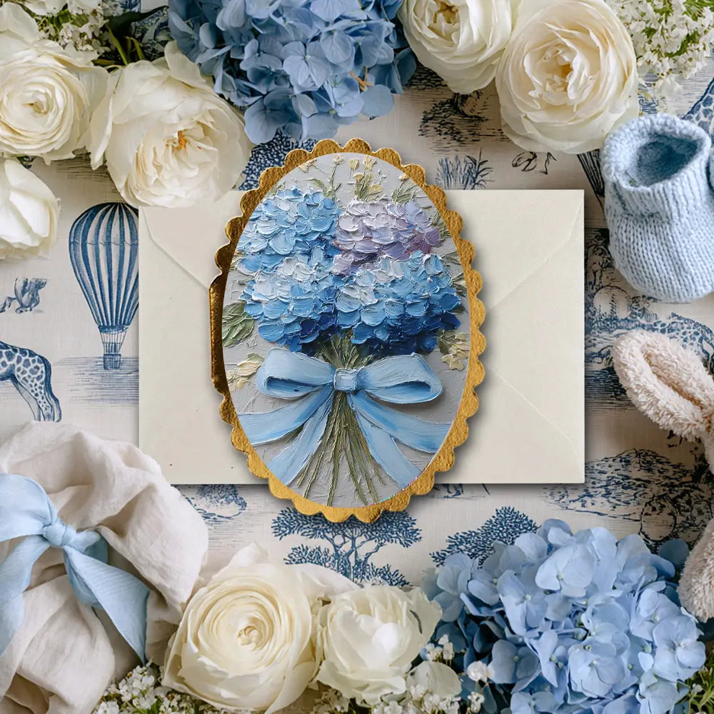 Decorative card with blue hydrangea and bow design, surrounded by flowers