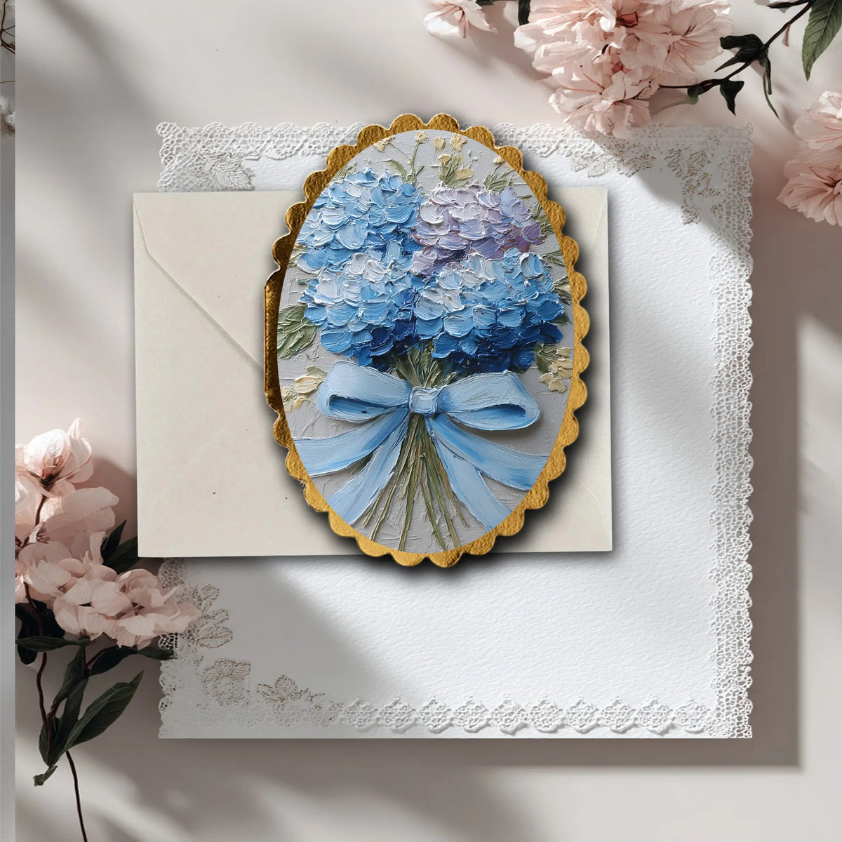 Decorative card with blue floral design and bow on a textured