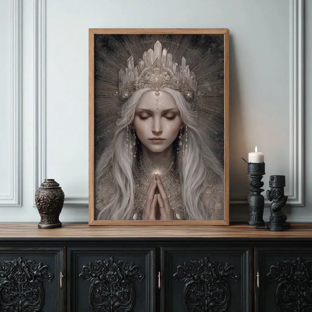 Feminine energy wall art depicting a goddess adorned with crystals and spiritual symbolism