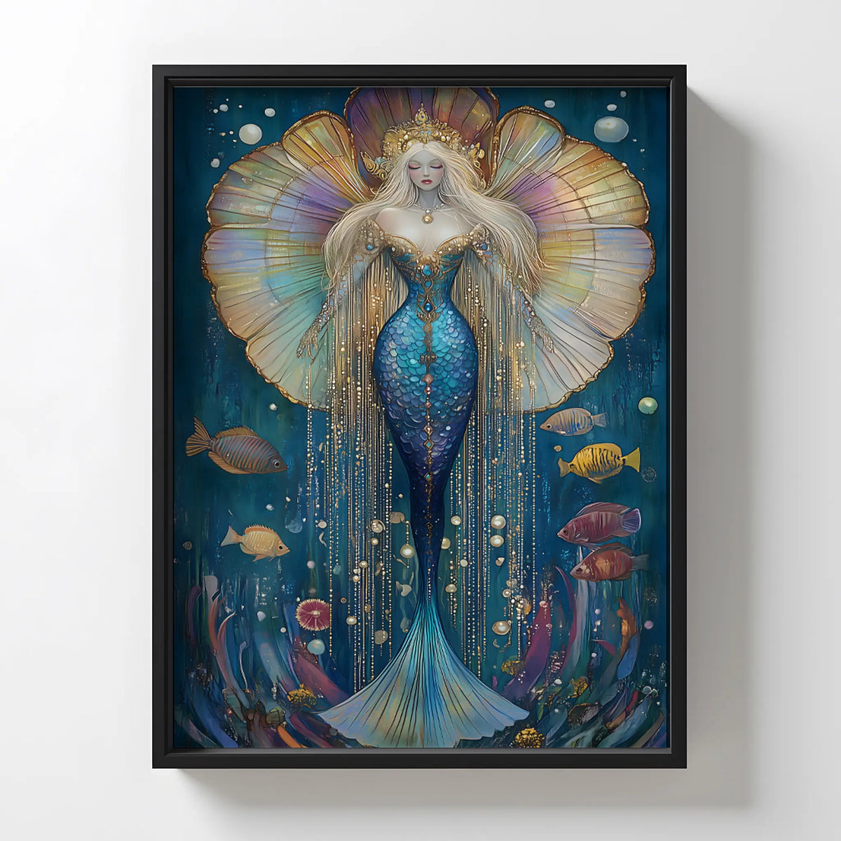 Boho mermaid print with elegant gold accents and dreamy underwater setting.