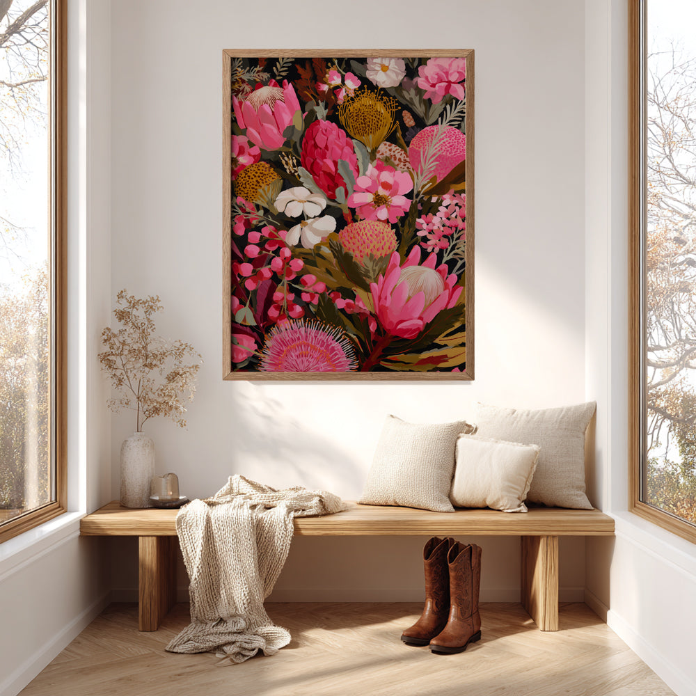 Native banksia botanical wall art in pink