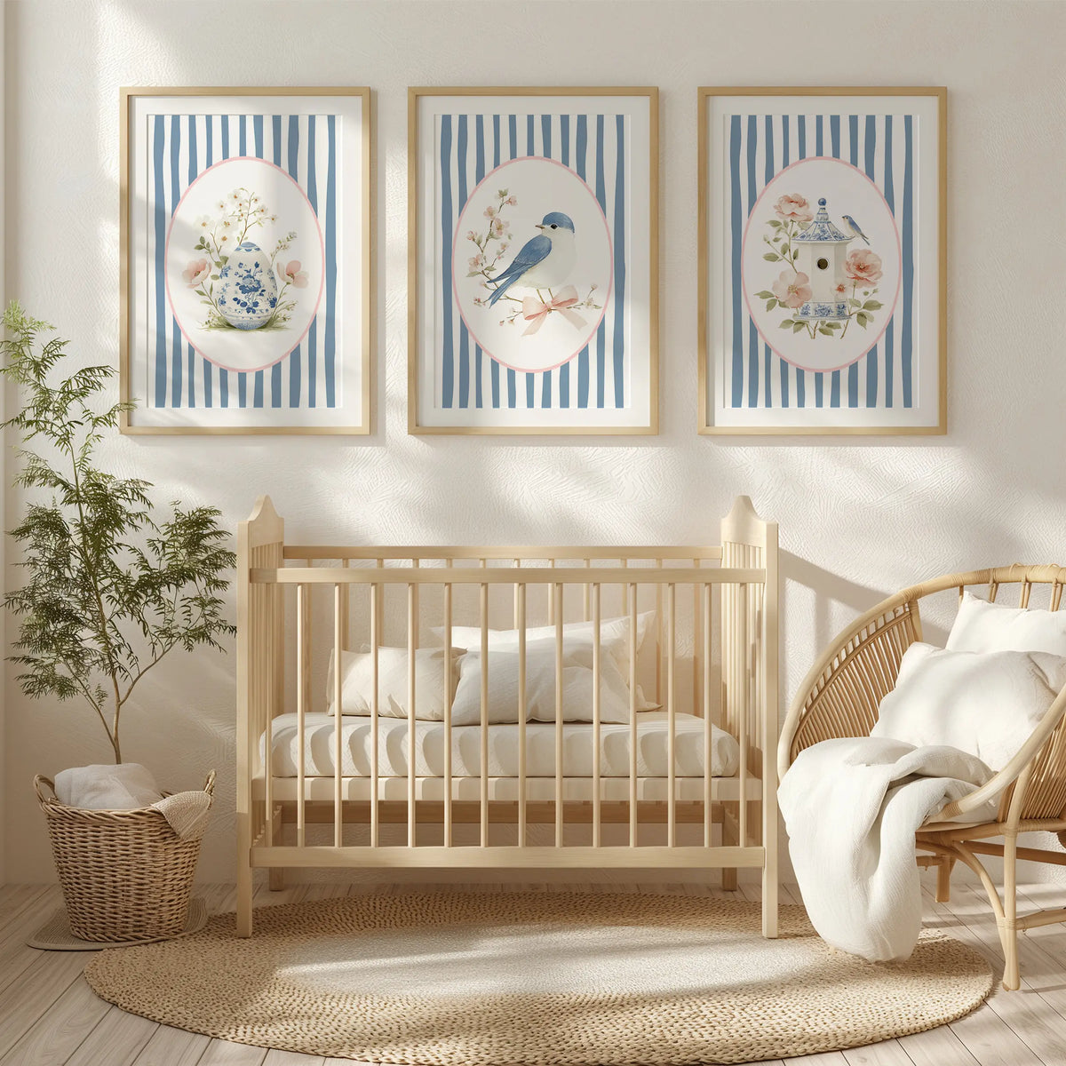 set of three bird art Nursery Prints. Includes a set of three delicate prints featuring a pretty blue bird, floral arangement and french egg.