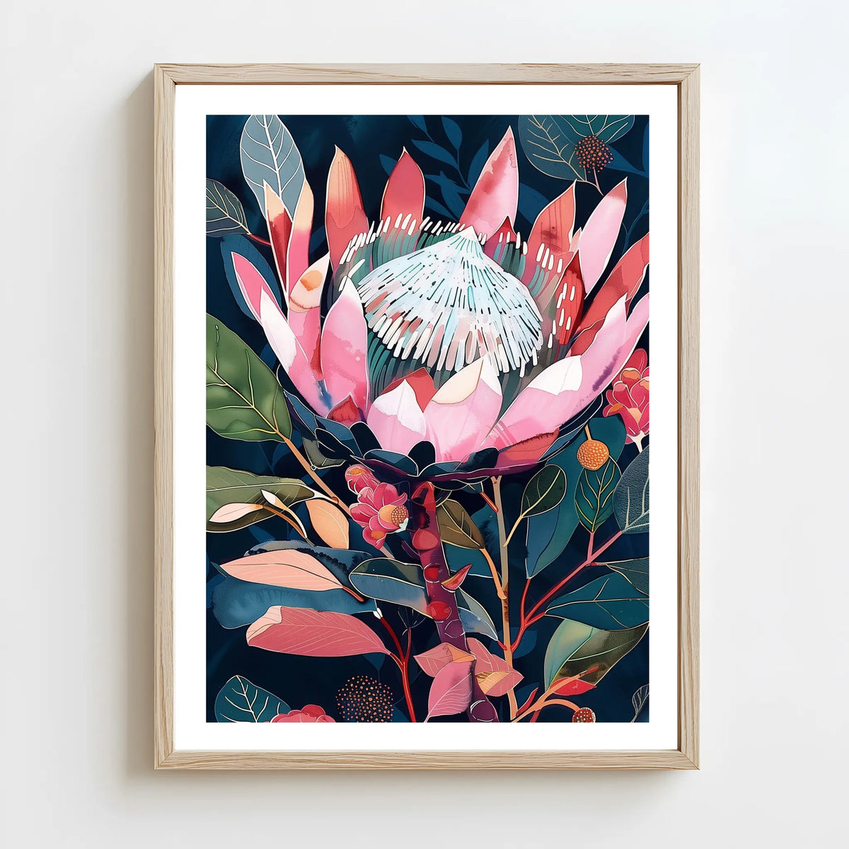 Bright pink protea flower in an abstract style, showcasing vivid colors and dynamic brushwork inspired by Australian native flora