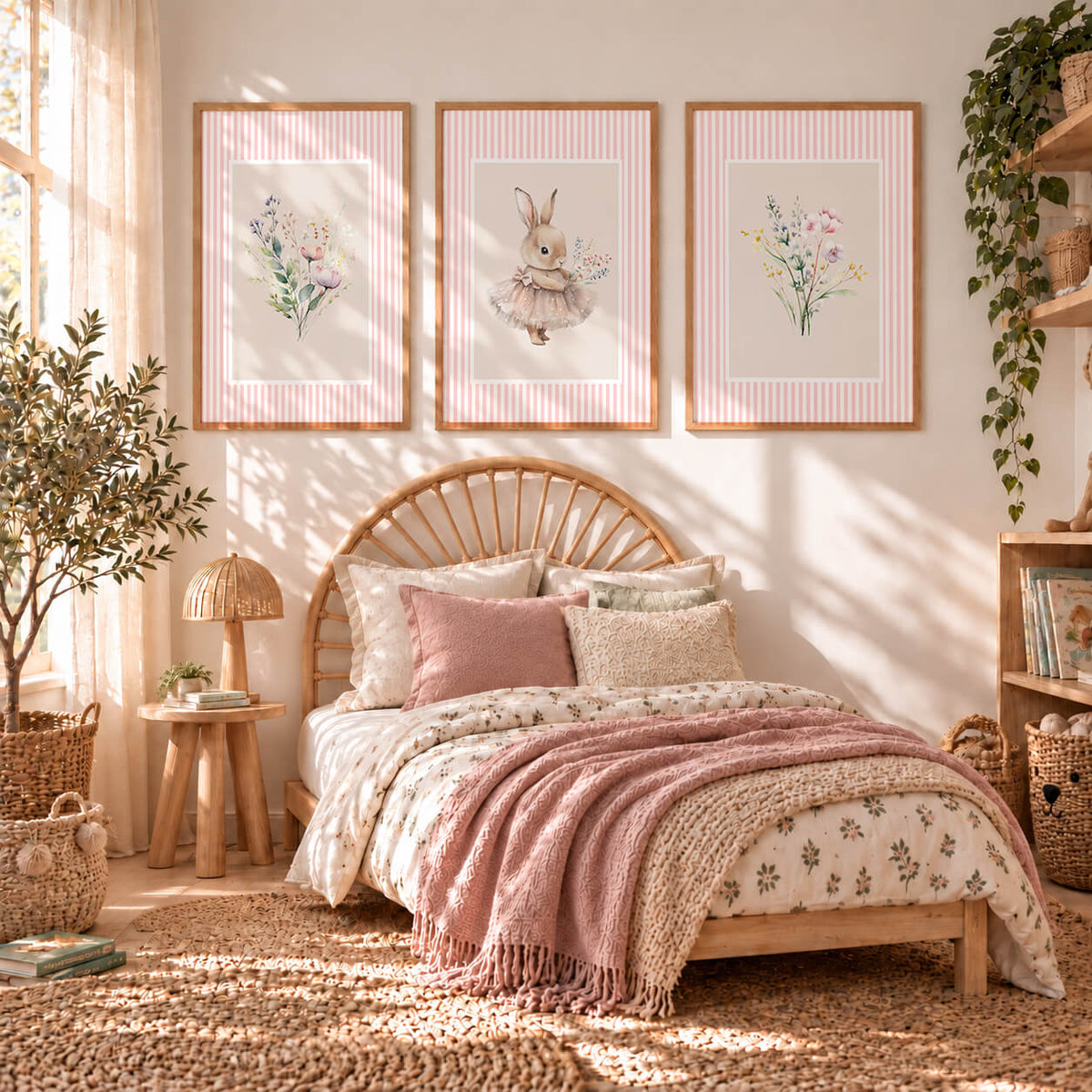 Bunny nursery wall art set of 3 featuring a ballerina bunny and pink floral prints