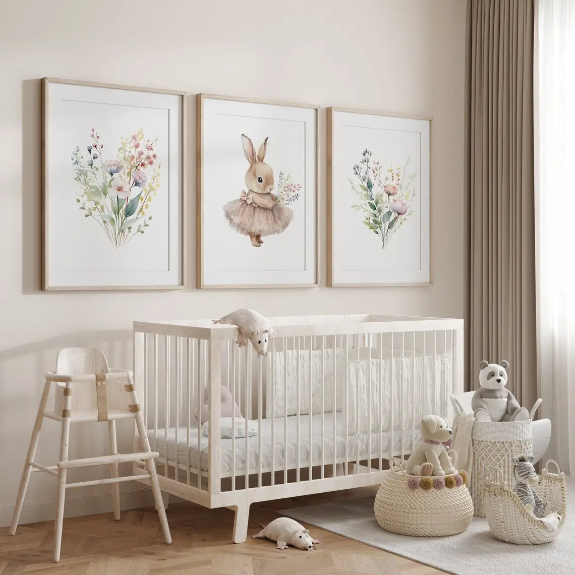 Nursery Prints trio. Featuring a sweet bunny dressed in a tutu and clutching a bouquet of wildflowers,