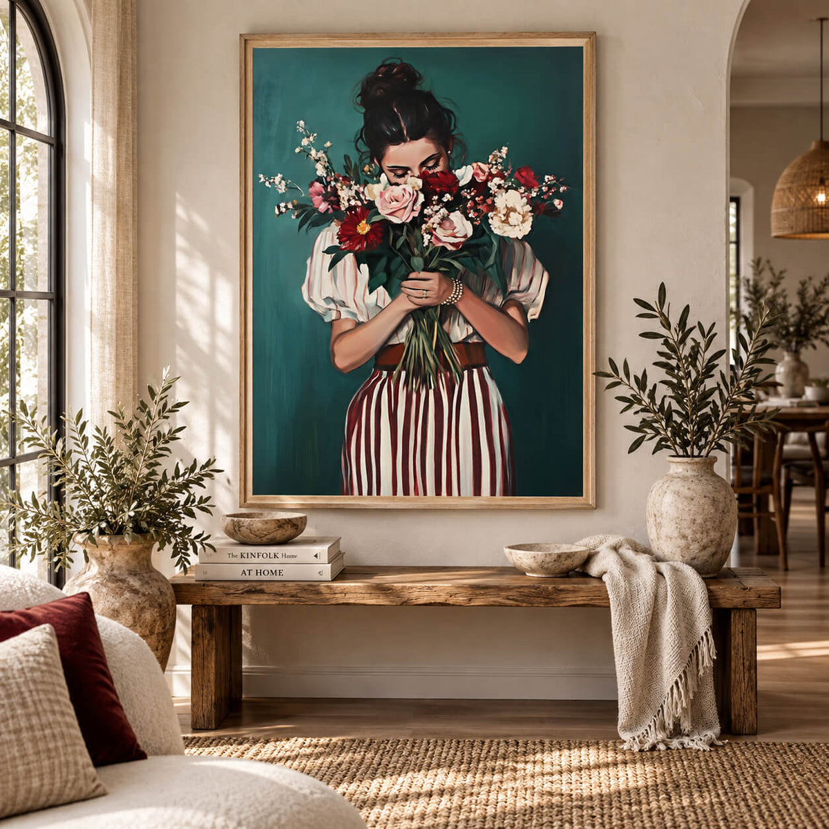 Burgundy floral woman wall art print in natural timber frame with modern neutral living room decor