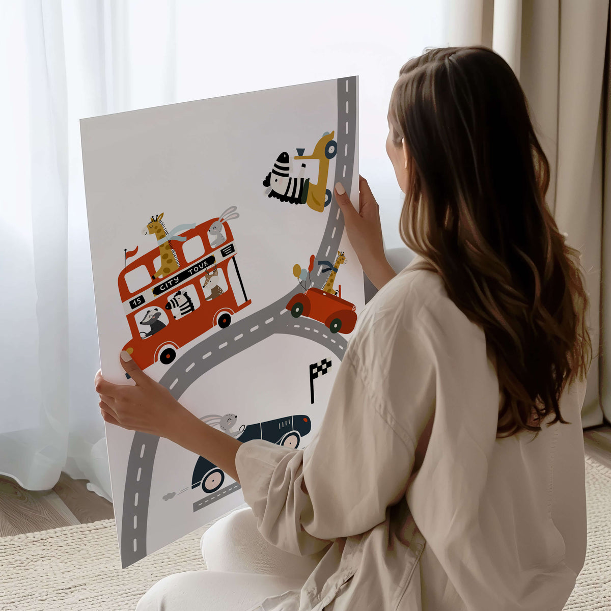 Play room with this set of three colorful car and alphabet wall art prints.