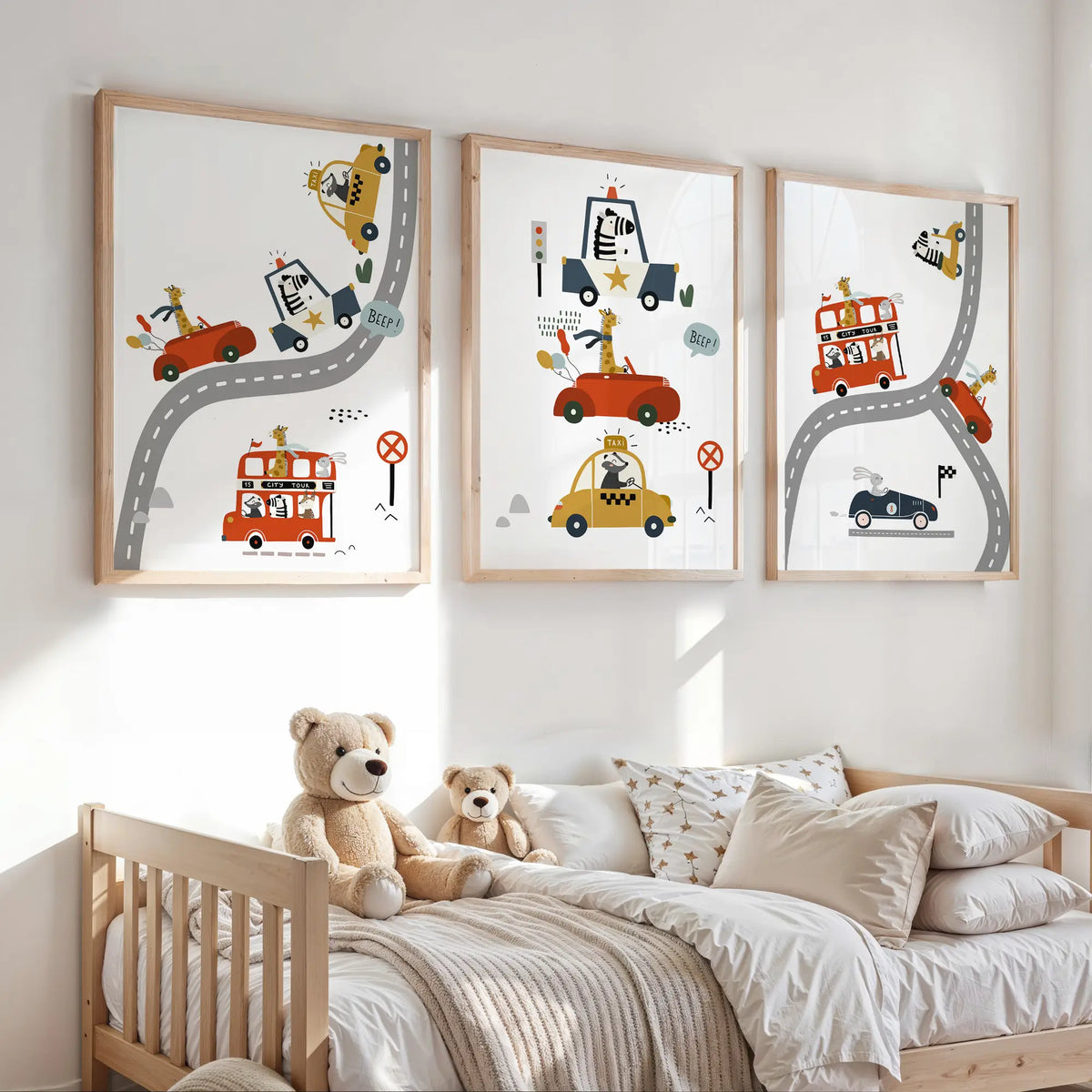 colorful car vehicle wall art prints in bright colours for boys room