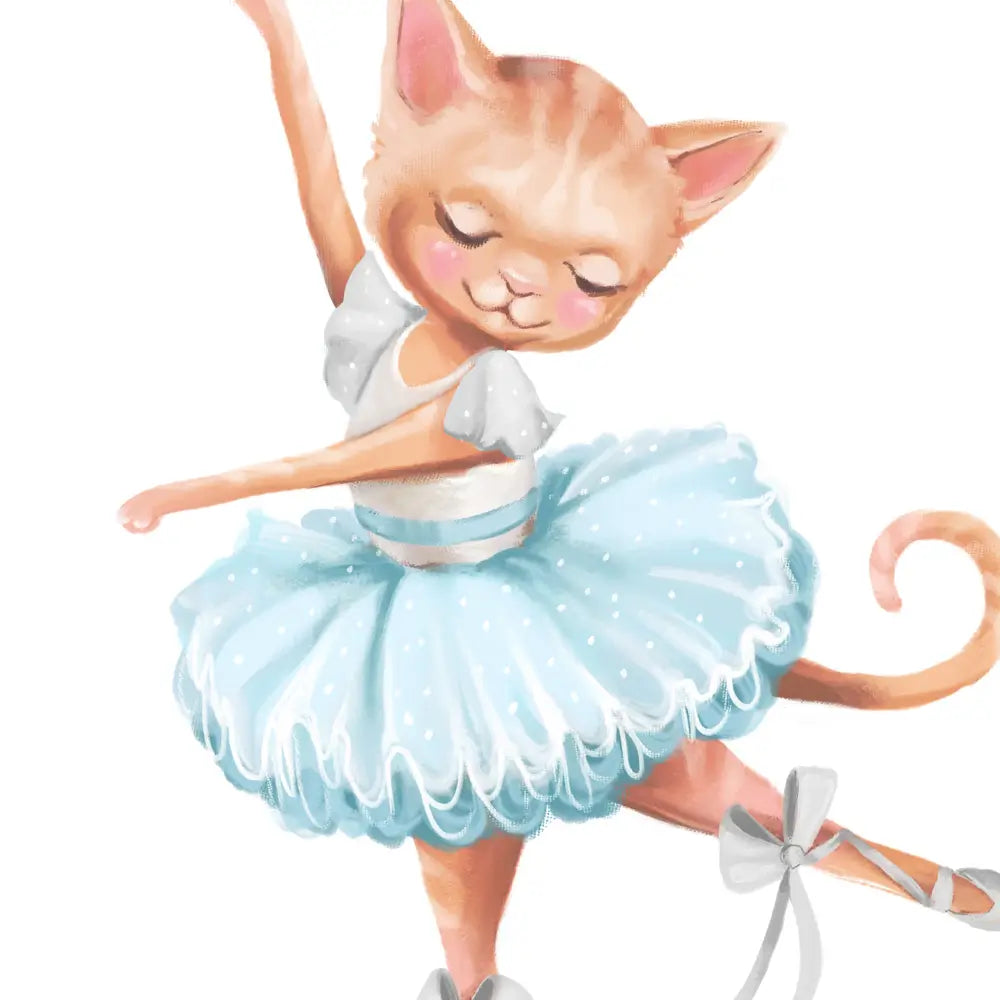 Illustration of a cat in a ballet outfit with a blue tutu on a white background