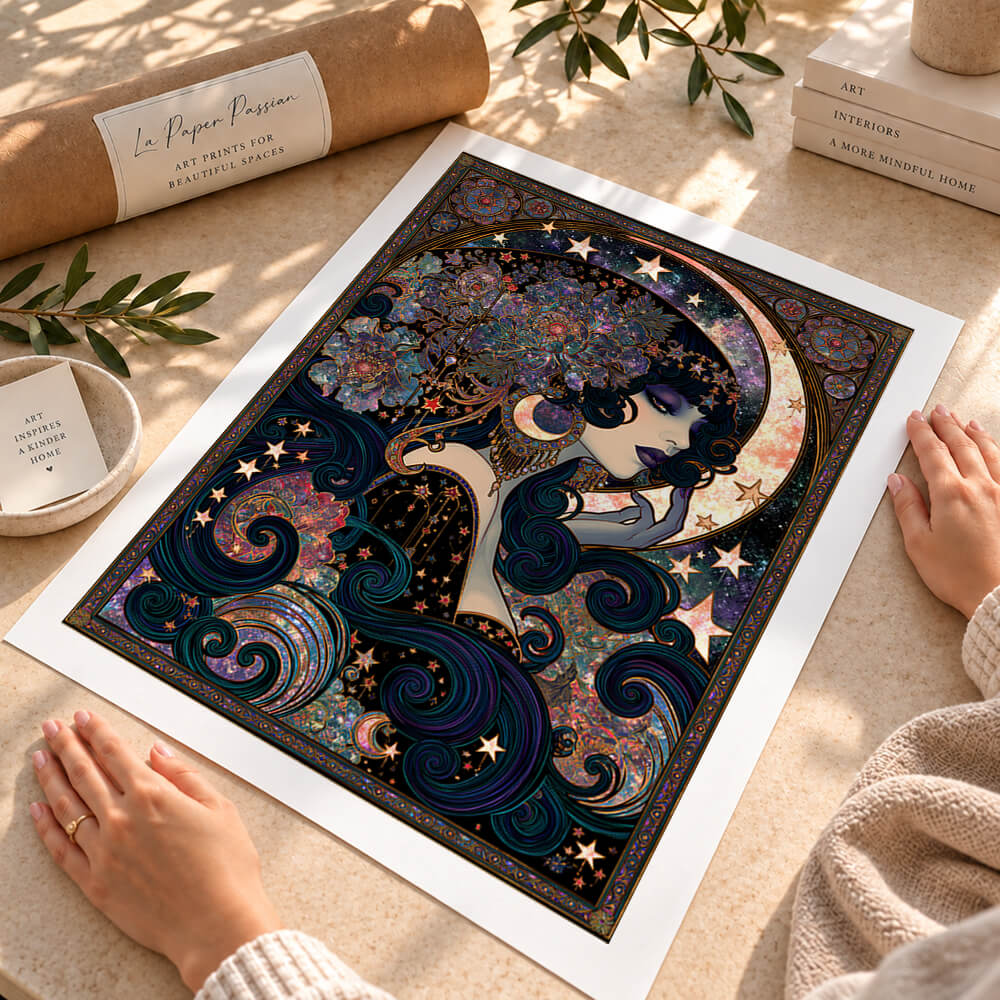 Celestial woman wall art print featuring a crescent moon, stars and intricate jewel-toned bohemian details