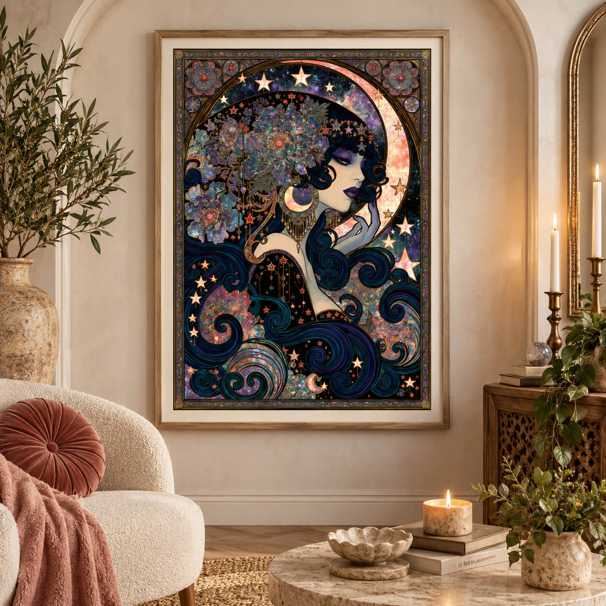 Maximalist celestial woman wall art print with moon stars and jewel toned floral details