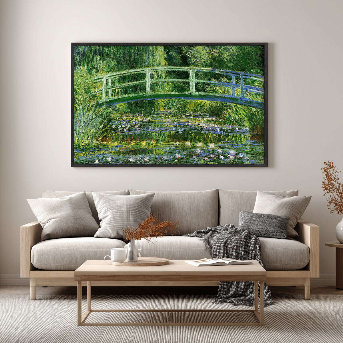Claude Monet Water Lilies and Japanese Bridge wall art print in black frame, living room display