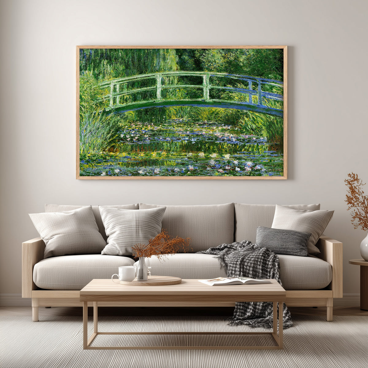 Claude Monet Water Lilies and Japanese Bridge wall art print in oak frame, living room display