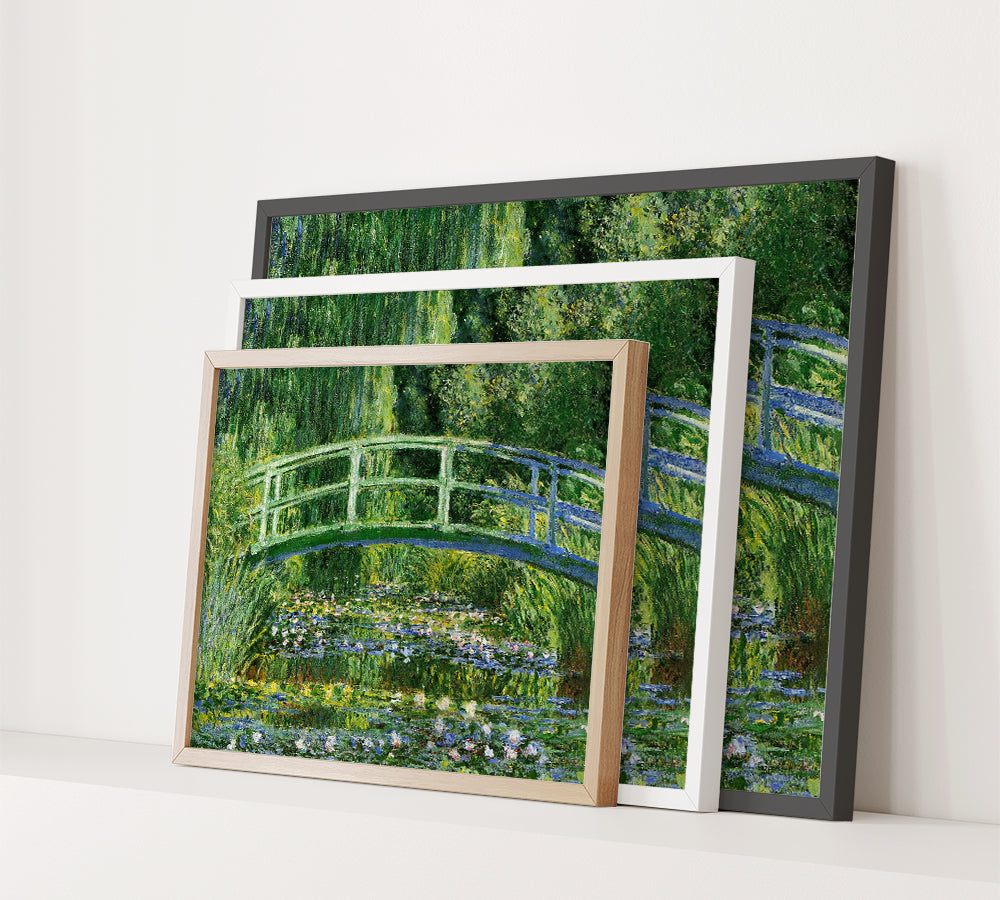 Claude Monet Water Lilies and Japanese Bridge wall art print with stacked oak, black and white frames