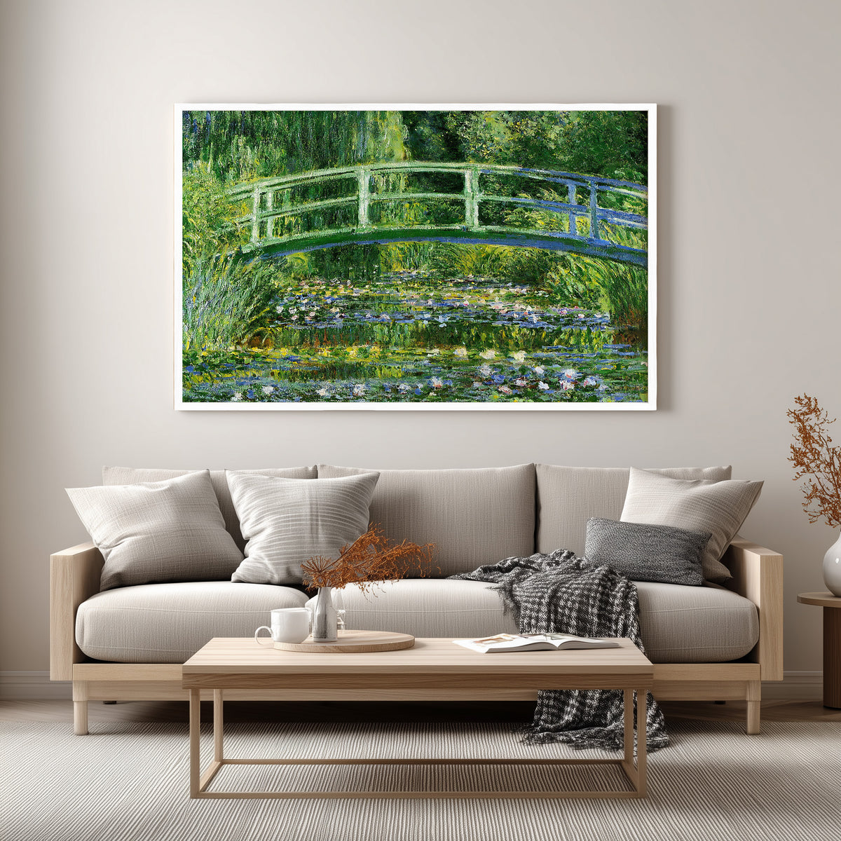 Claude Monet Water Lilies and Japanese Bridge wall art print in white frame, living room display
