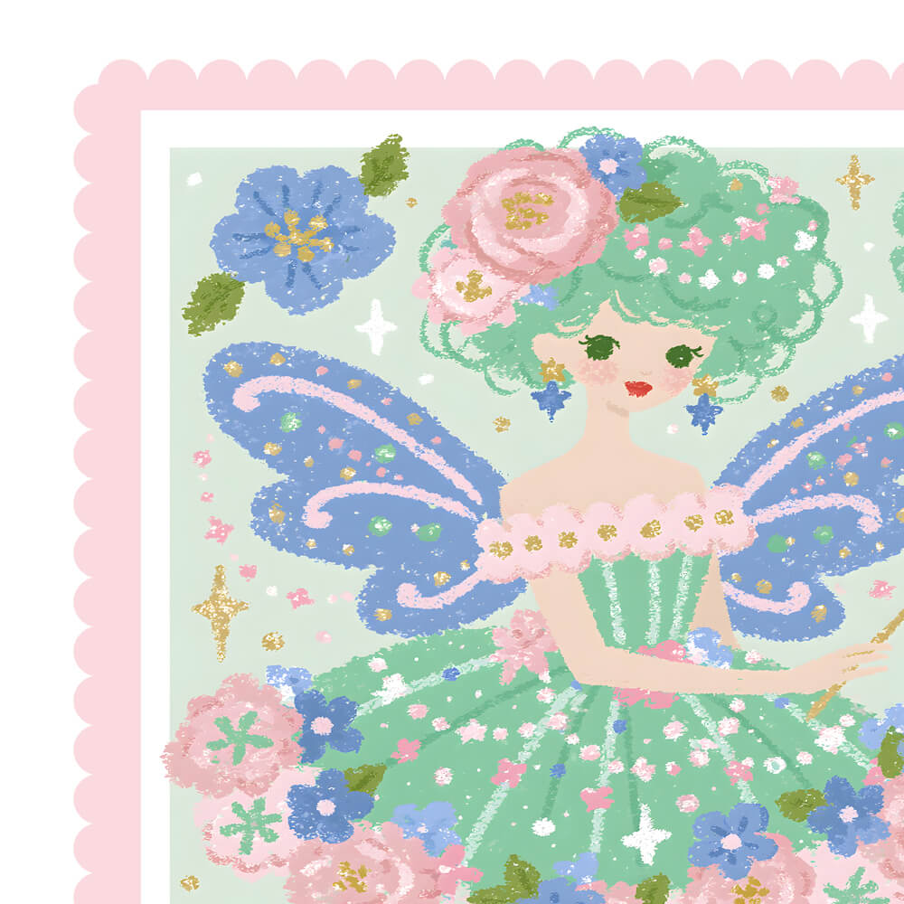 Whimsical floral fairy wall art print featuring blue butterfly wings,close details