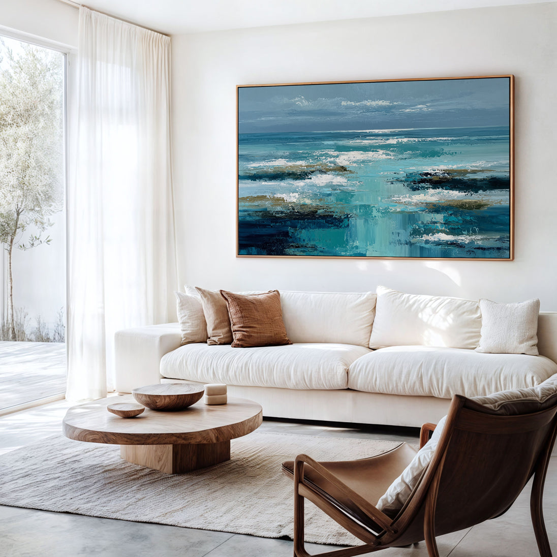 Modern abstract ocean artwork with expressive brushstrokes and calming coastal colours, ideal for living rooms, bedrooms and Australian homes.