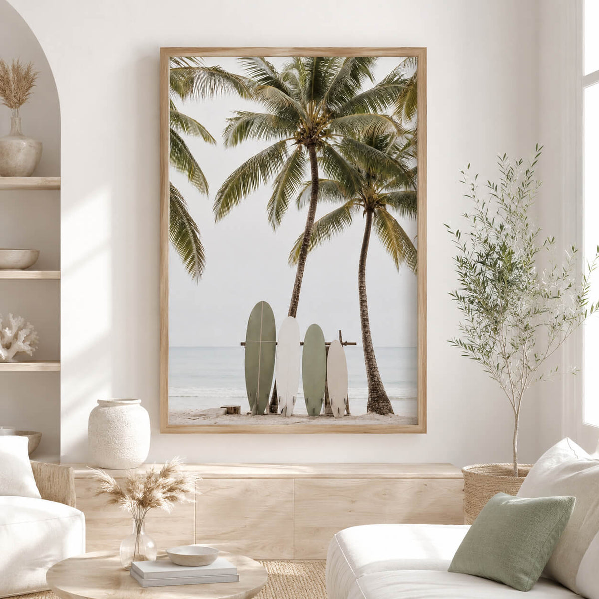Beach photography print featuring surfboard