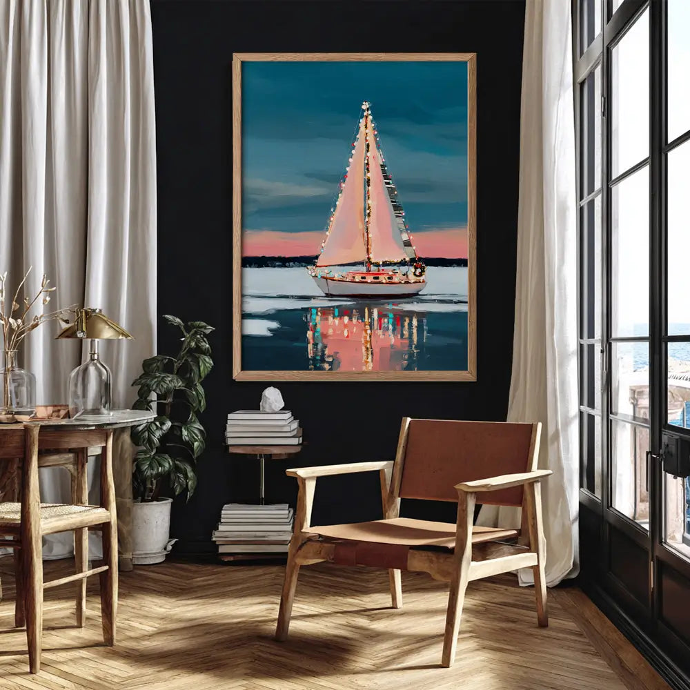 Modern coastal boat wall art print with soft colours and evening lights