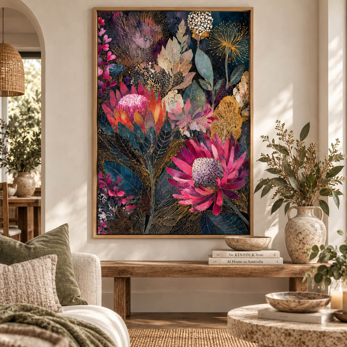 Large Australian native floral wall art displayed in a natural timber frame in a modern Australian interior.
