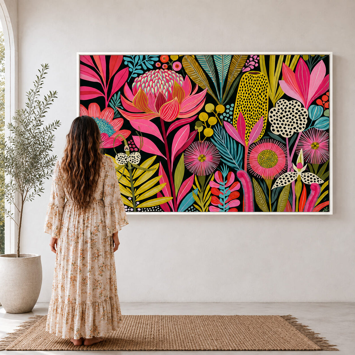Australian native flower art print featuring colourful botanical foliage displayed in a modern timber frame