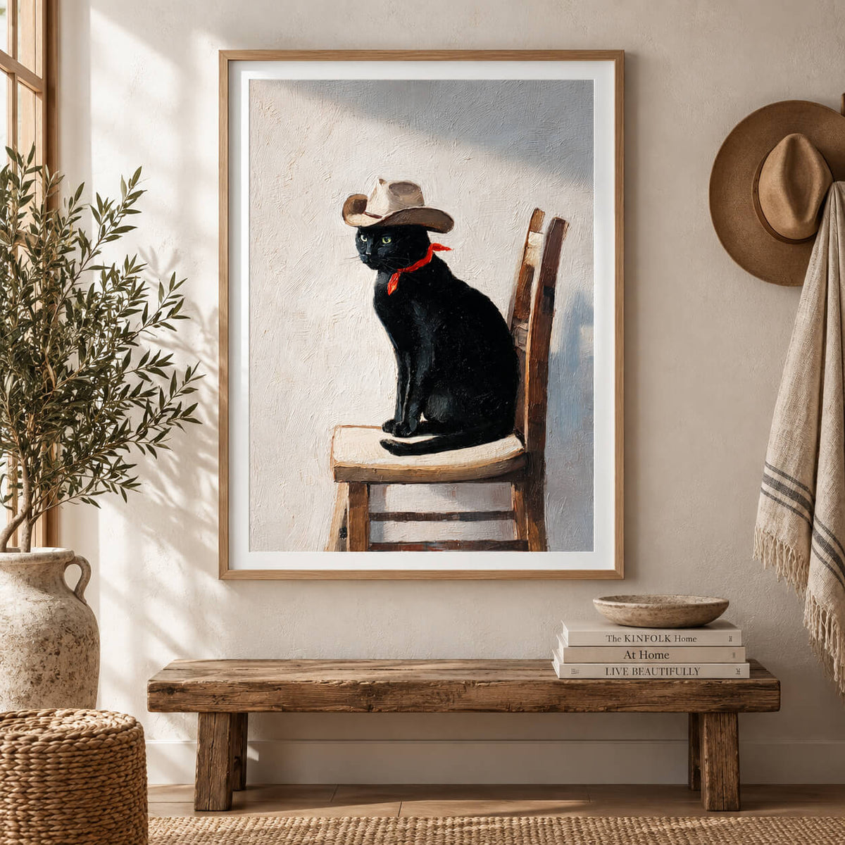 Western black cat wall art in a natural timber frame in a warm neutral living room