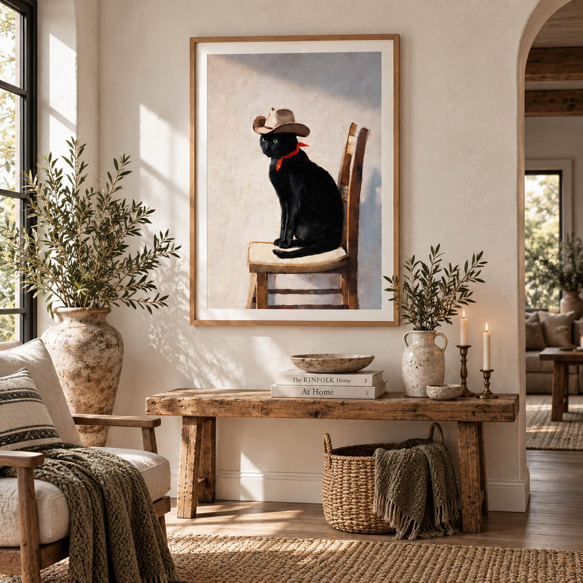 Cowboy cat art print displayed in a rustic modern interior with natural timber frame