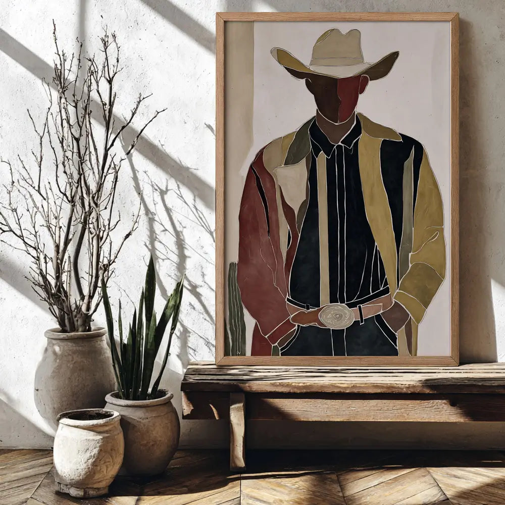 Southwestern cowboy abstract wall art print with rustic, earthy tones and modern design for neutral contemporary interiors
