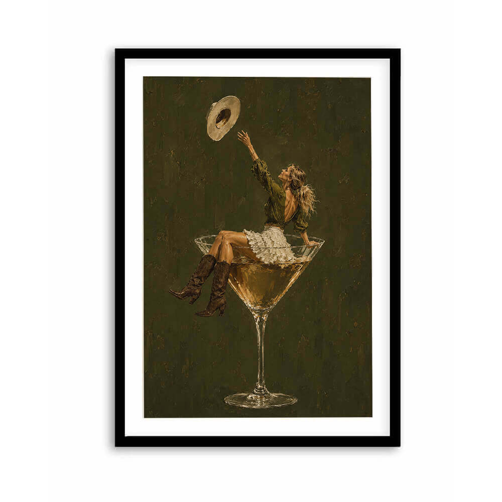 Cowgirl martini wall art featuring woman sitting inside cocktail glass