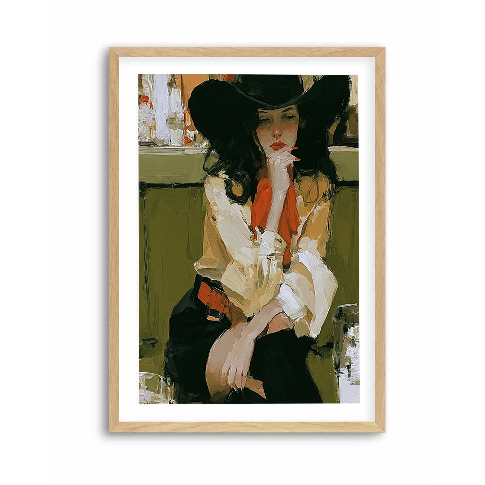 Painterly woman portrait print in olive green and neutral tones