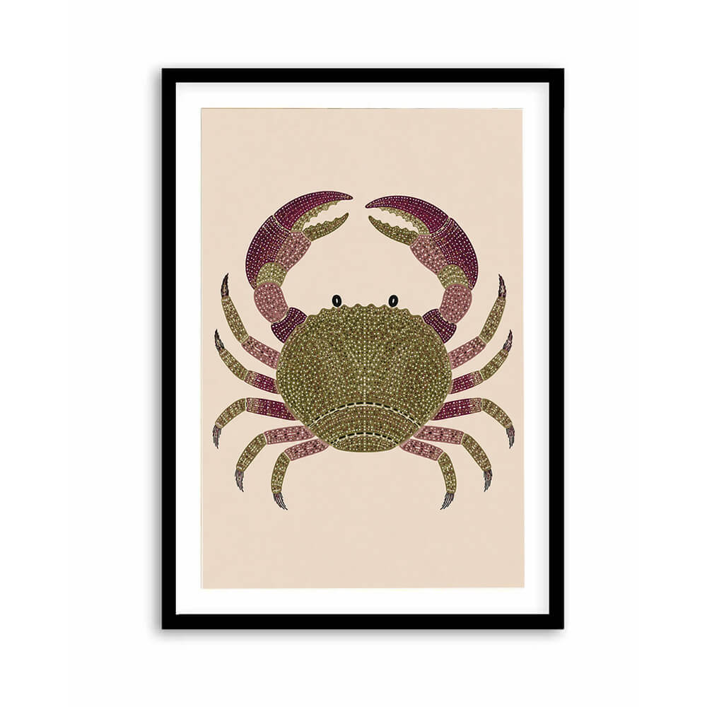 Coastal crab wall art in olive green and plum tones
