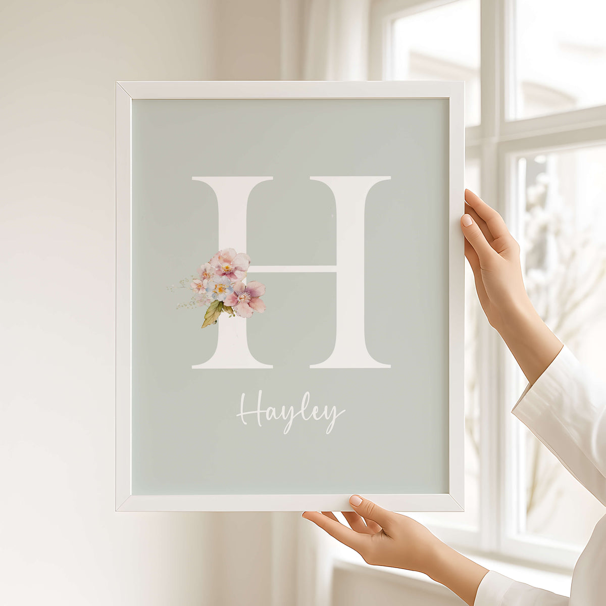 customisable name print in the colour sage