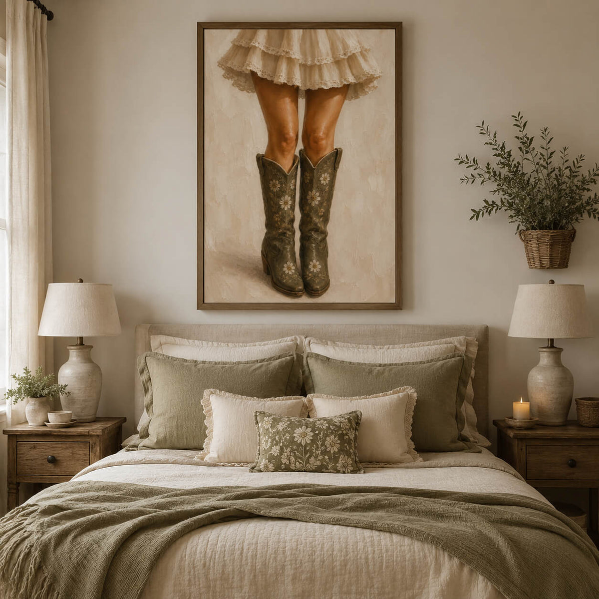 Modern cowgirl bedroom decor with floral boots artwork and neutral interiors
