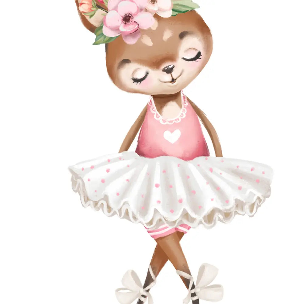 Cartoon deer character with a pink dress and flower headband on a white background